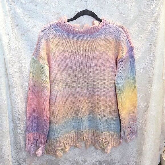 Sabrina Lauren Pastel Colorblock Frayed Hem V-Neck Knit Sweater Size X-L… - Picture 5 of 6